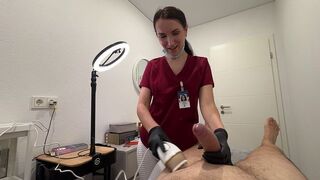 Waxing and blowjob with a hot nurse in latex gloves