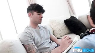 A woman does a blowjob, choking on her own saliva in an intense POV scene