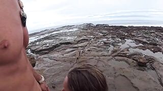 The girl made a blowjob on the beach and got a cumshot