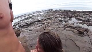 The girl made a blowjob on the beach and got a cumshot