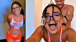 Babe from Hooters restaurant gets fucked hard in the kitchen