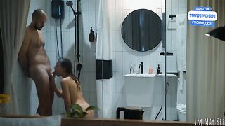 A shower stall for two is just the right size for some steamy action