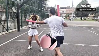 A beautiful girl is having fun with her personal trainer