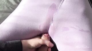 A girl rubs her wet pussy through her panties and a guy cumms inside