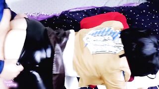 A couple engages in passionate role play with a shove from behind