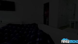 A hot brunette gives a blowjob to her lover on the bed