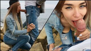 A hot blonde girl skillfully fucks with her mouth outdoors