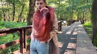 Couple fucked outdoors with butt plug, she gave a blowjob and received cum on her face