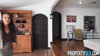 Sexy brunette real estate agent convinces picky client to buy a house