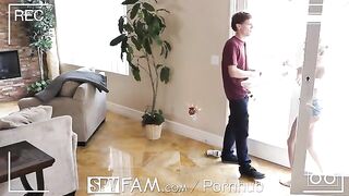 A step sister is caught sneaking into a room for sex in a spy family scene
