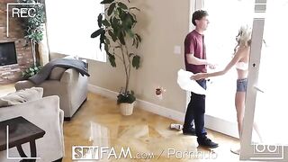 A step sister is caught sneaking into a room for sex in a spy family scene