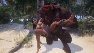 Big-boobed girl gets fucked by two huge monsters